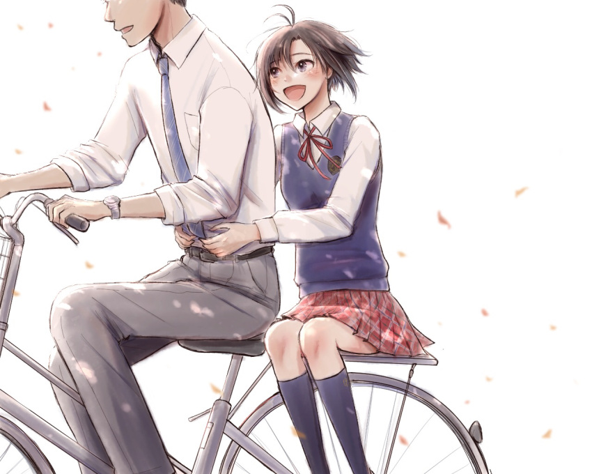 1boy 1girl :d antenna_hair arms_around_waist belt bicycle bicycle_rack black_belt black_hair black_legwear blue_necktie blue_sweater_vest blurry blurry_background blurry_foreground blush breast_pocket breasts depth_of_field diagonal_stripes dress_shirt falling_leaves feet_out_of_frame floating_hair grey_pants ground_vehicle hair_strand hands_on_another's_stomach head_out_of_frame height_difference idolmaster idolmaster_(classic) iso_(nh15mint) kikuchi_makoto kneehighs leaf long_sleeves looking_at_another messy_hair multiple_riders neck_ribbon necktie open_mouth pants plaid plaid_skirt pocket producer_(idolmaster) red_ribbon red_skirt ribbon riding riding_bicycle school_uniform shirt short_hair sidesaddle sitting skirt sleeves_rolled_up small_breasts smile striped striped_necktie sweater_vest watch white_background white_shirt wristwatch