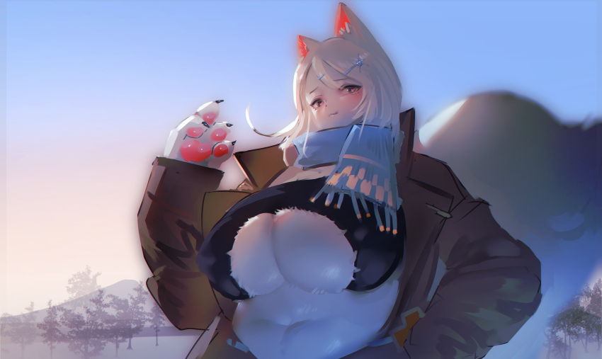 &lt;3 &lt;3_eyes &lt;3_pupils 4_fingers absurd_res accessory anthro belly big_breasts biped black_claws black_clothing black_eyes black_topwear blue_clothing blue_scarf breasts brown_clothing brown_coat brown_topwear claws cleavage cleavage_cutout clothed clothing coat curvy_figure day detailed_background digital_media_(artwork) domestic_cat felid feline felis female finger_claws fingers fluffy forest front_view fur glistening glistening_belly glistening_body glistening_breasts glistening_fur hair hair_accessory hairclip half-length_portrait hand_in_pocket hi_res huge_breasts kemono looking_at_viewer mammal midriff monotone_body monotone_ears monotone_fur monotone_hair mountain navel nipple_outline open_clothing open_coat open_topwear outside pawpads paws pink_inner_ear pink_pawpads plant pockets portrait scarf sharp_claws sky slightly_chubby snow solo standing three-quarter_view topwear tree tube_top under_boob utterangle voluptuous white_body white_ears white_fur white_hair winter