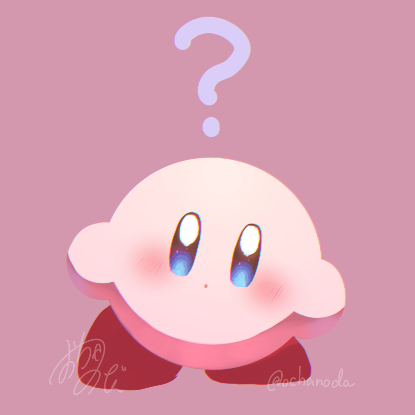 2022 :o ? alien ambiguous_gender bald barefoot black_eyes blue_eyes blush featureless_crotch feet hi_res kirby kirby_(series) looking_at_viewer multicolored_eyes mutlicolored_skin nintendo not_furry nude ochanoda open_mouth pink_background pink_body pink_skin portrait red_body red_skin round_body shadow simple_background solo standing video_games waddling_head white_eyes