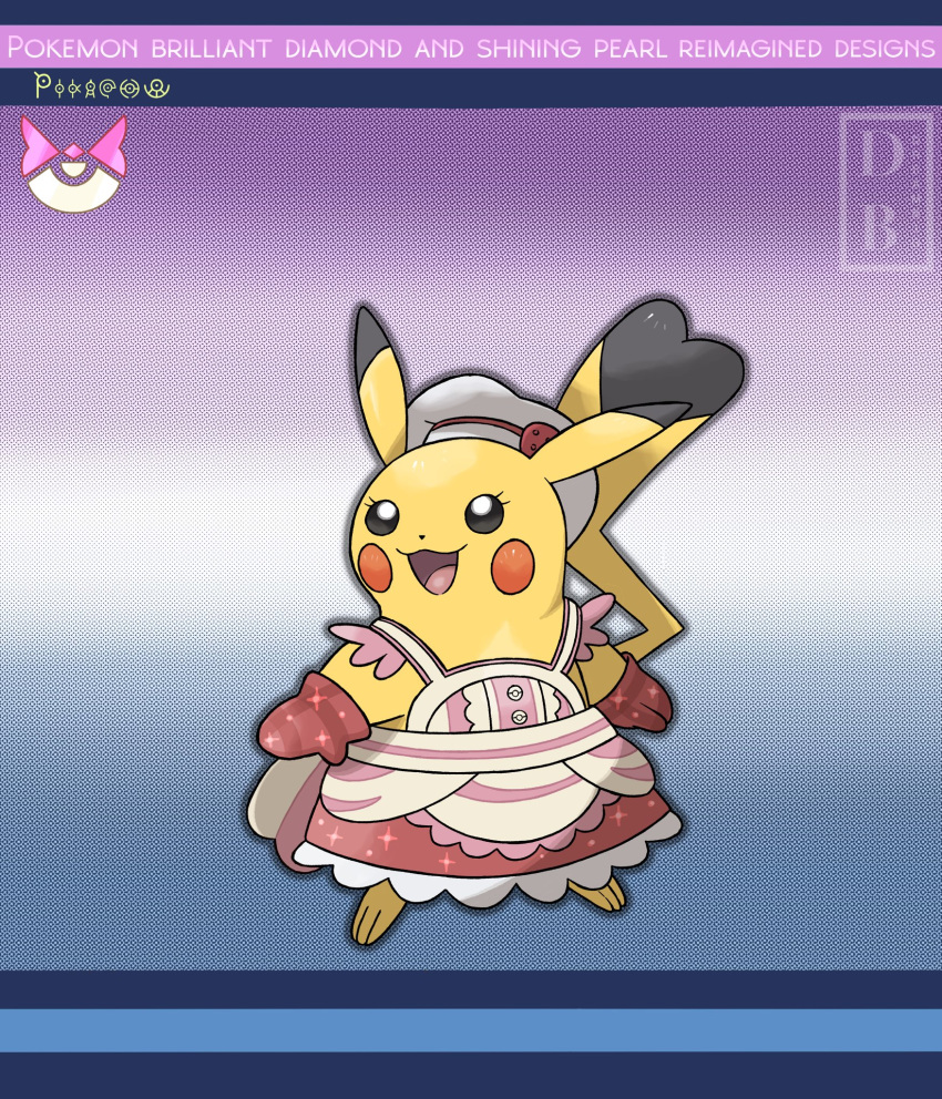 :d apron black_eyes chef_hat clothed_pokemon commentary copyright_name cosplay dawn_(pokemon) dawn_(pokemon)_(cosplay) dreambig eyelashes full_body happy hat hatted_pokemon highres no_humans open_mouth outline oven_mitts pikachu pokemon pokemon_(creature) pokemon_(game) pokemon_masters_ex red_mittens smile solo tongue watermark white_headwear