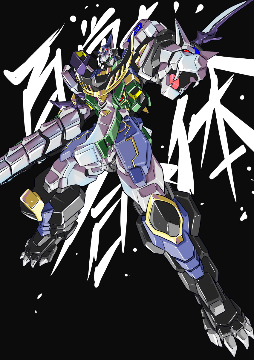 absurdres arm_blade black_background floating gaohunter_justice green_eyes highres hyakujuu_sentai_gaoranger looking_down mecha niidan no_humans science_fiction solo super_robot super_sentai tokusatsu weapon