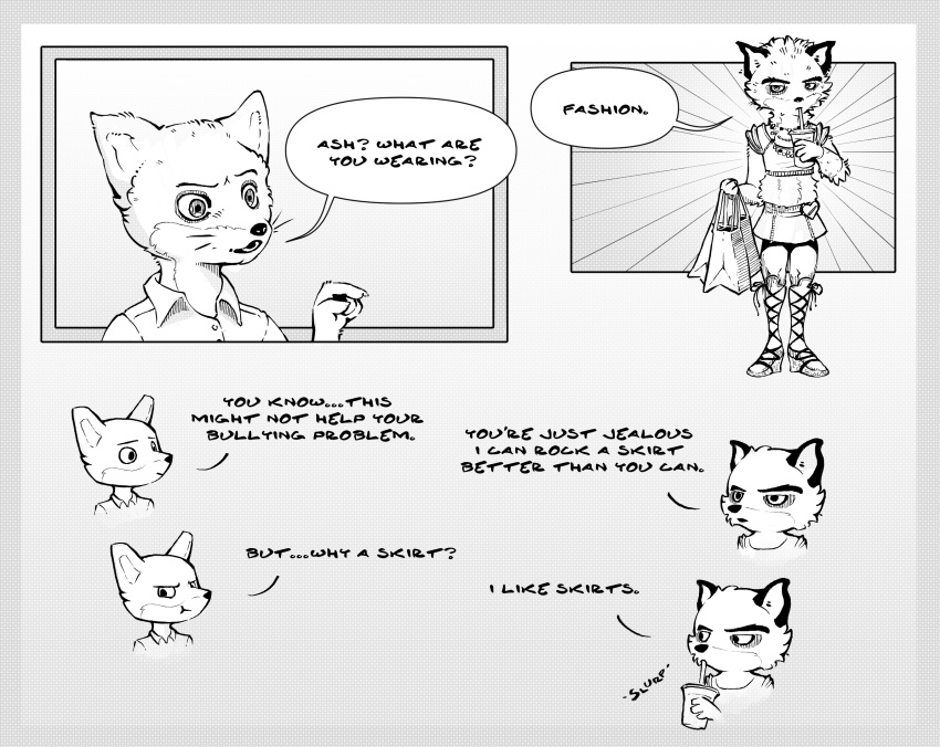 anthro ash_(fantastic_mr._fox) bottomwear canid canine clothed clothing comic crossdressing dialogue duo fantastic_mr._fox fox gesture hi_res humor jmaximum993 kristofferson male mammal midriff pointing shopping_bag skirt