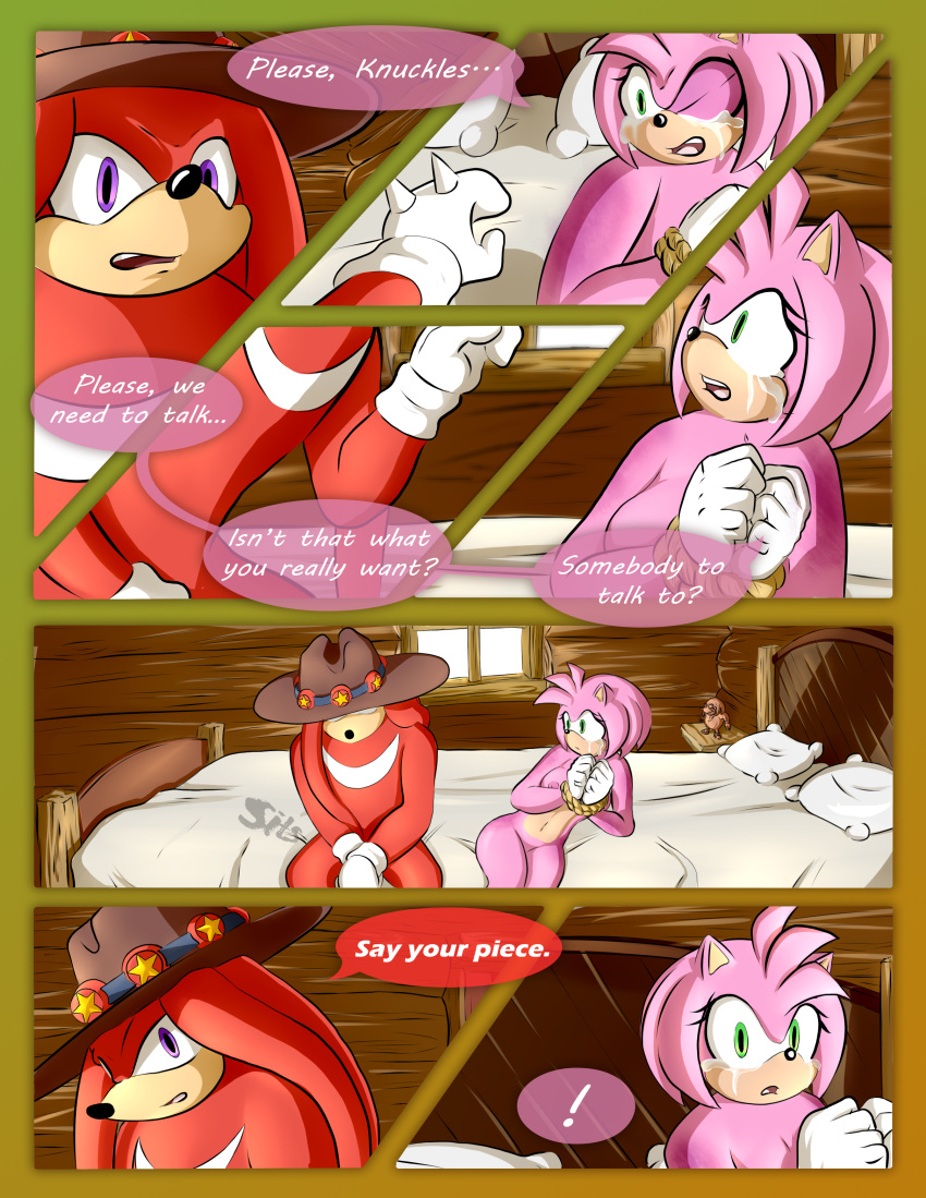 2020 absurd_res amy_rose anthro bdsm bodily_fluids bondage bound breech_loader bruised clothing comic crying detailed_background dialogue duo echidna english_text eulipotyphlan female fur green_eyes hands_tied handwear hat headgear headwear hedgehog hi_res kidnapping knuckles_the_echidna male mammal monotreme purple_eyes restraints rope rope_bondage sega sonic_the_hedgehog_(series) tears text toso video_games