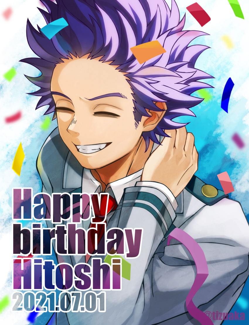 1boy bags_under_eyes bangs birthday boku_no_hero_academia character_name closed_eyes confetti dated english_text foreground_text forehead from_above hand_on_own_neck happy_birthday highres male_focus messy_hair purple_eyes purple_hair school_uniform shinsou_hitoshi short_hair smile solo spiked_hair teeth text_focus tonbanlove twitter_username u.a._school_uniform upper_body