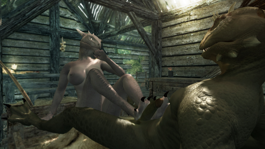 animal_humanoid anthro anthro_on_anthro argonian bed bethesda_softworks breasts digitigrade duo feet female foot_fetish foot_play footjob forest furniture genitals hi_res horn humanoid humanoid_genitalia humanoid_hands hut lee_wa li3beslied male male/female nude on_bed outside outside_sex penis plant rubbing rubbing_penis scalie scalie_humanoid scalie_only sex skyrim the_elder_scrolls tree video_games