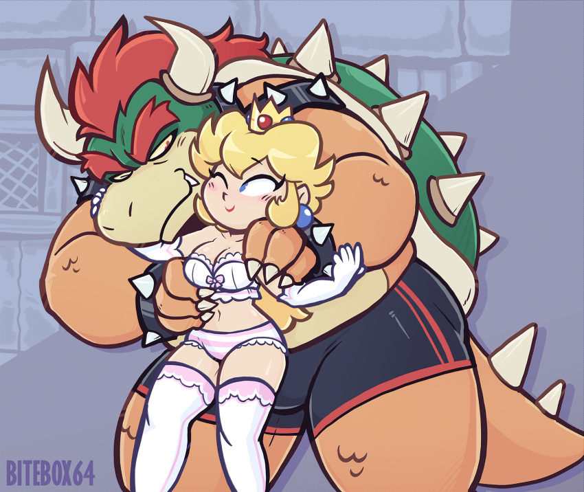 2019 anthro bitebox64 blonde_hair bottomwear bowser boxer_briefs breasts claws cleavage clothed clothing crown duo female female_on_anthro hair happy hi_res horn human human_on_anthro interspecies larger_anthro larger_male legwear lingerie male male/female male_on_human mammal mario_bros nintendo one_eye_closed orange_body orange_scales panties pattern_bottomwear pattern_clothing pattern_panties pattern_underwear princess_peach red_hair scales shell size_difference smaller_female smaller_human smile spiked_shell spikes spikes_(anatomy) stockings striped_bottomwear striped_clothing striped_panties striped_underwear stripes thigh_highs topless underwear video_games wink