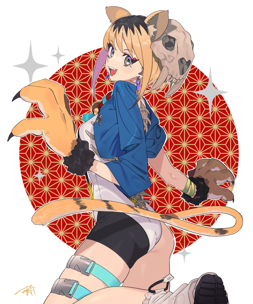 1girl animal_ears animal_hands artist_name asa_no_ha_(pattern) bangs blue_jacket boots commentary earrings fangs gloves grey_eyes grey_footwear highres jacket jewelry kneeling leotard light_brown_hair long_sleeves looking_at_viewer looking_back machi_(wm) open_mouth original paw_gloves short_hair shrug_(clothing) signature skull_cap smile solo sparkle tail textless thigh_strap tiger_ears tiger_girl tiger_tail white_leotard