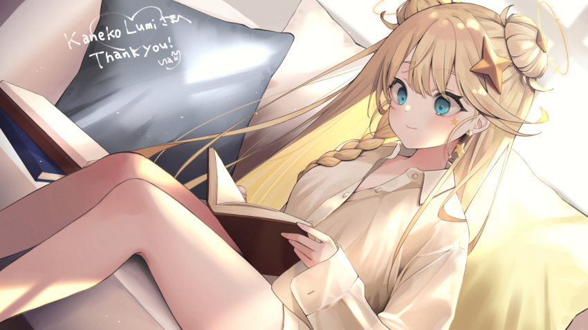 1girl beige_shirt blue_eyes blush book character_name collared_shirt commission couch cyberlive double_bun earrings hair_behind_ear heart jewelry kaneko_lumi looking_down open_book pillow shirt sitting skeb_commission smile solo star_(symbol) star_earrings una_nagi virtual_youtuber
