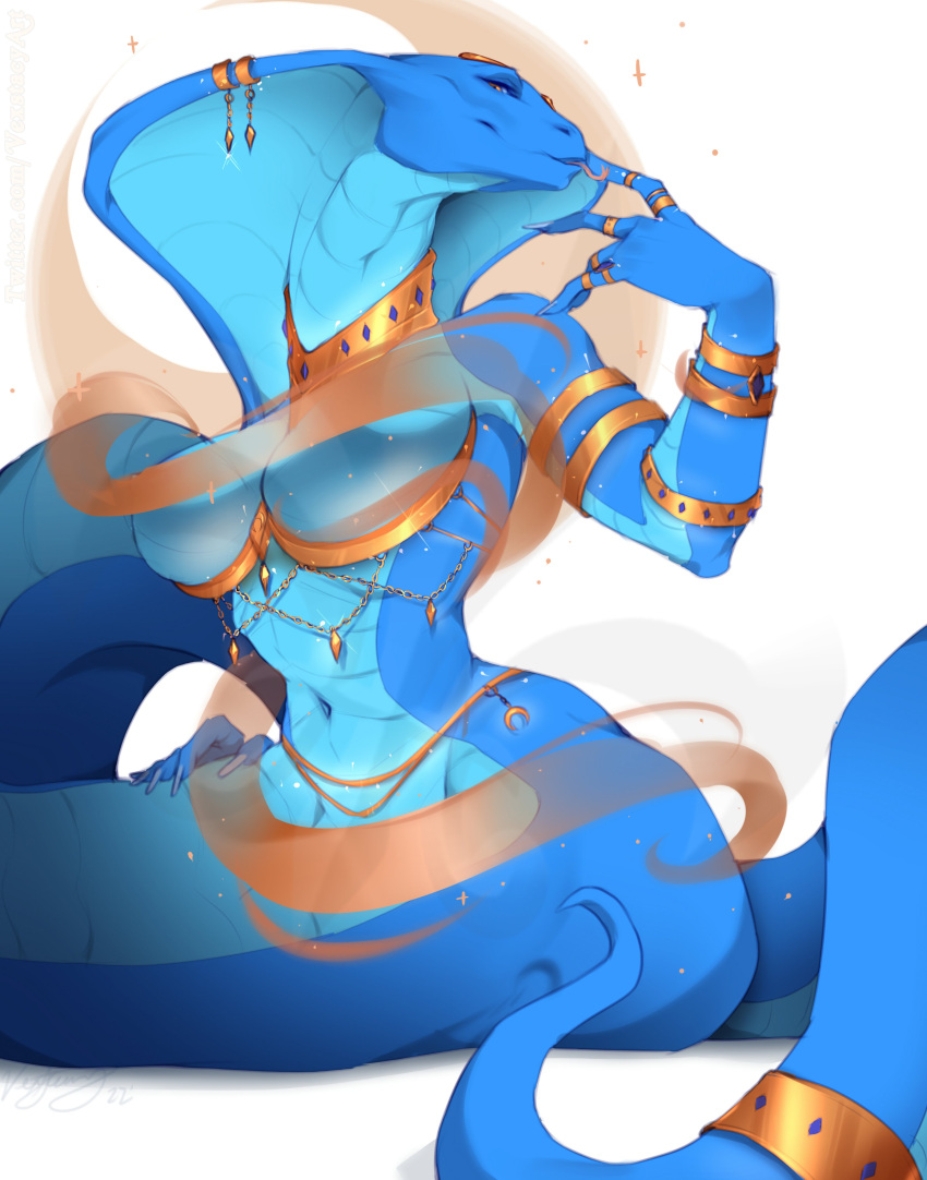 2022 5_fingers absurd_res anthro blue_body blue_scales breasts brown_eyes digital_media_(artwork) female fingers hi_res legless navel reptile scales scalie smile snake solo vexstacy