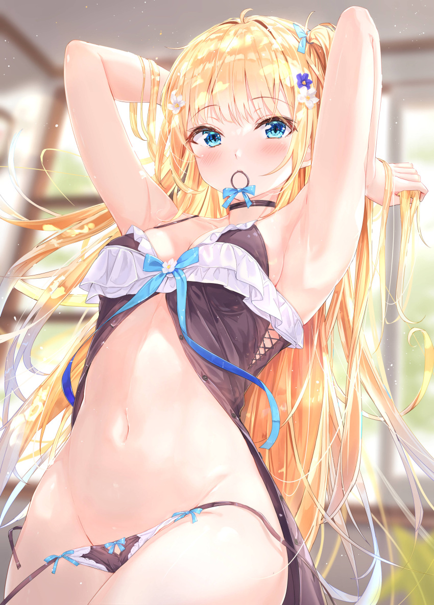 1girl absurdres armpits arms_up babydoll bare_arms bare_shoulders black_choker black_panties blonde_hair blue_eyes blurry breasts choker cowboy_shot depth_of_field hair_ornament hair_tie_in_mouth highres lingerie long_hair looking_at_viewer medium_breasts mouth_hold na_kyo navel one_side_up original panties side-tie_panties solo spaghetti_strap stomach string_panties underwear underwear_only untied untied_panties very_long_hair