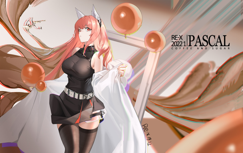 1girl animal_ear_fluff animal_ears artist_name bangs belt black_dress black_legwear breasts closed_mouth dress english_text eyebrows_visible_through_hair feet_out_of_frame girls'_frontline girls'_frontline_neural_cloud highres large_breasts long_hair looking_at_viewer persica_(girls'_frontline) persicaria_(girls'_frontline_nc) pink_eyes pink_hair regenerate-x robe_slip solo standing thighhighs white_belt white_robe