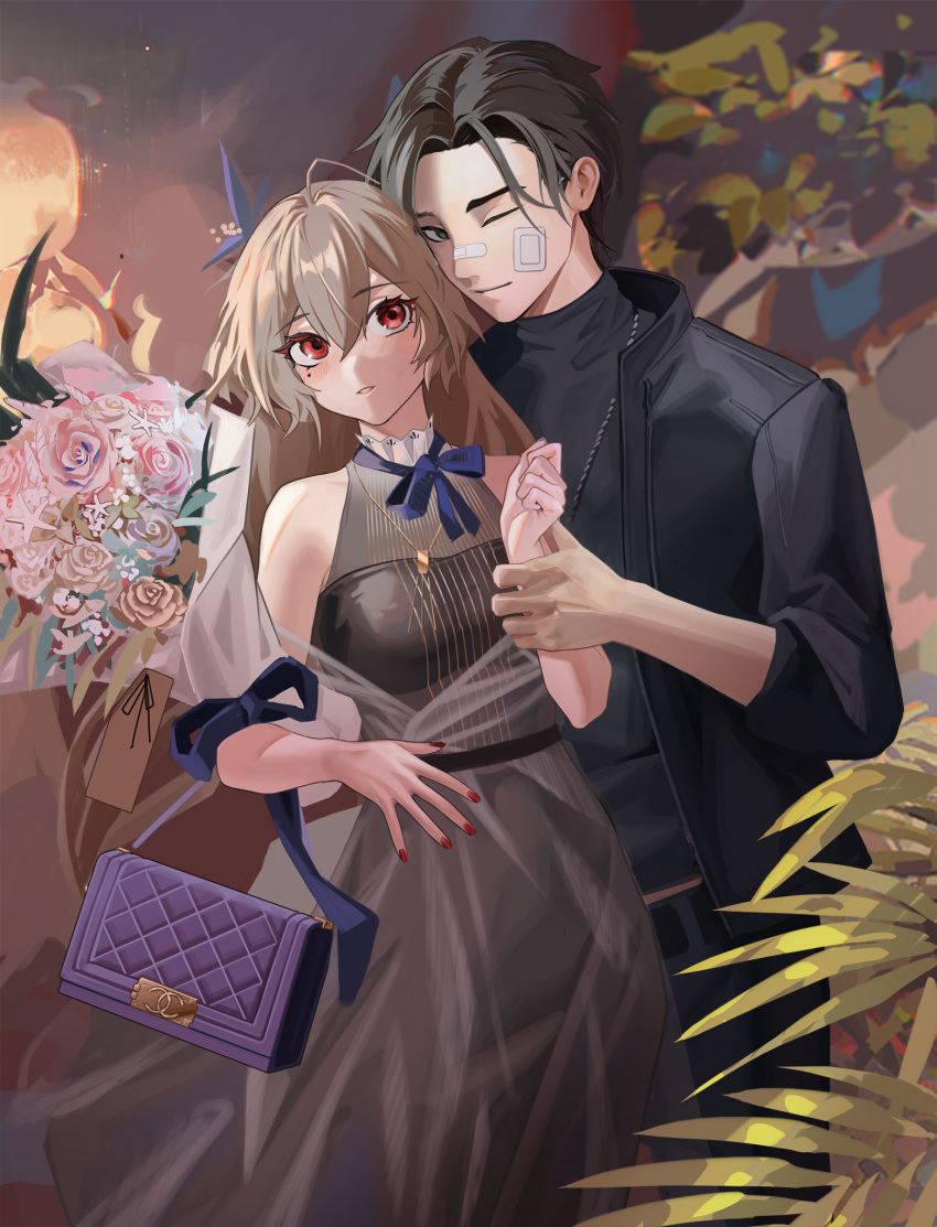 1boy 1girl bag bangs black_dress black_eyes black_hair black_jacket black_shirt blonde_hair blush bouquet closed_mouth dress eyebrows_visible_through_hair feet_out_of_frame girls'_frontline highres holding holding_bag holding_own_arm j_(girls'_frontline) jacket jewelry long_hair looking_at_another looking_at_viewer mole mole_under_eye nail_polish necklace open_clothes open_jacket purple_bag red_eyes red_nails regenerate-x shirt short_hair sp9_(dream_sleeping_in_the_galaxy)_(girls'_frontline) sp9_(girls'_frontline) standing