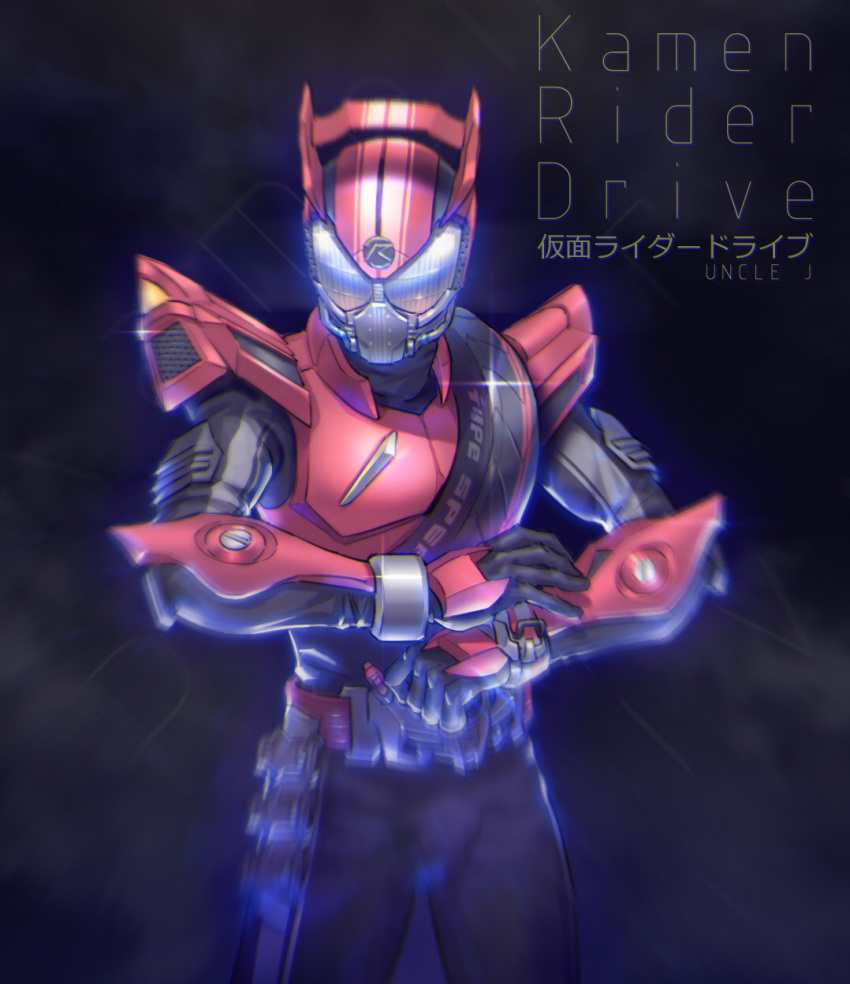 1boy abs adjusting_clothes adjusting_gloves belt belt-san blurry blurry_foreground compound_eyes drive_driver gloves highres kamen_rider kamen_rider_drive kamen_rider_drive_(series) male_focus namesake red_armor red_belt red_theme rider_belt shift_brace shift_car signature tire type_speed upper_body white_eyes woxiljj