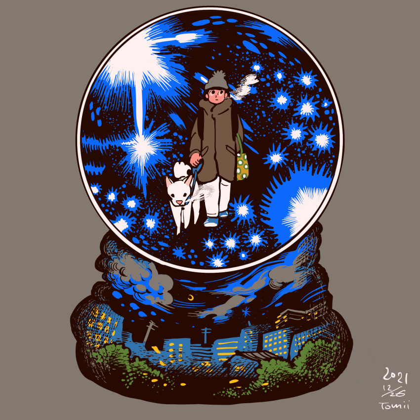 1girl bag blue_footwear breath building cloud crescent dated grey_background grey_headwear highres original pants procreate_(medium) shoes signature simple_background snow_globe solo tomidoron tree white_dog white_pants