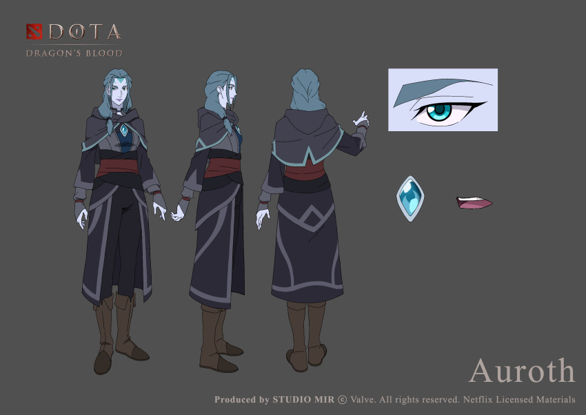 1girl absurdres back black_pants blue_eyes blue_hair blue_robe blue_skin boots brown_footwear character_name character_profile character_sheet closed_mouth colored_skin concept_art crystal dota:_dragon's_blood dota_(series) dota_2 facepaint forehead full_body gem grey_background highres insujoart long_hair long_sleeves looking_at_viewer multiple_views official_art open_mouth pants side_ponytail simple_background smile winter_wyvern_(dota)