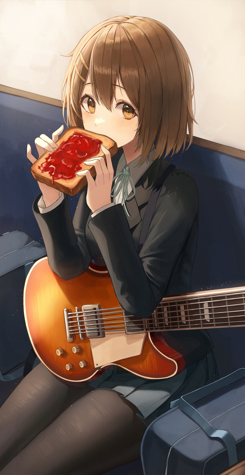 1girl absurdres bag black_legwear blazer blue_jacket blue_skirt bread brown_eyes brown_hair couch eating_hair food food_in_mouth guitar highres hirasawa_yui instrument jacket k-on! looking_at_viewer mela_(rbw1s) mouth_hold pantyhose school_uniform skirt solo toast toast_in_mouth
