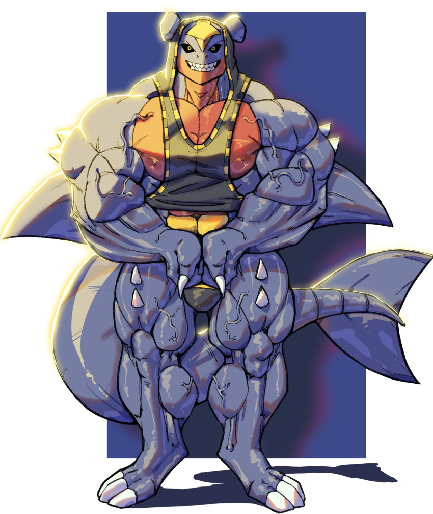 2022 abs anthro barazoku biceps big_muscles blue_background bulge claws clothed clothing digitigrade flexing front_view garchomp gumdrop92 hi_res hood hoodie huge_muscles looking_at_viewer male muscular muscular_anthro muscular_male navel nintendo nipples pecs pok&eacute;mon pok&eacute;mon_(species) quads sharp_teeth simple_background sleeveless_hoodie smile solo spikes spikes_(anatomy) standing teeth thong topwear underwear vein veiny_muscles video_games white_background
