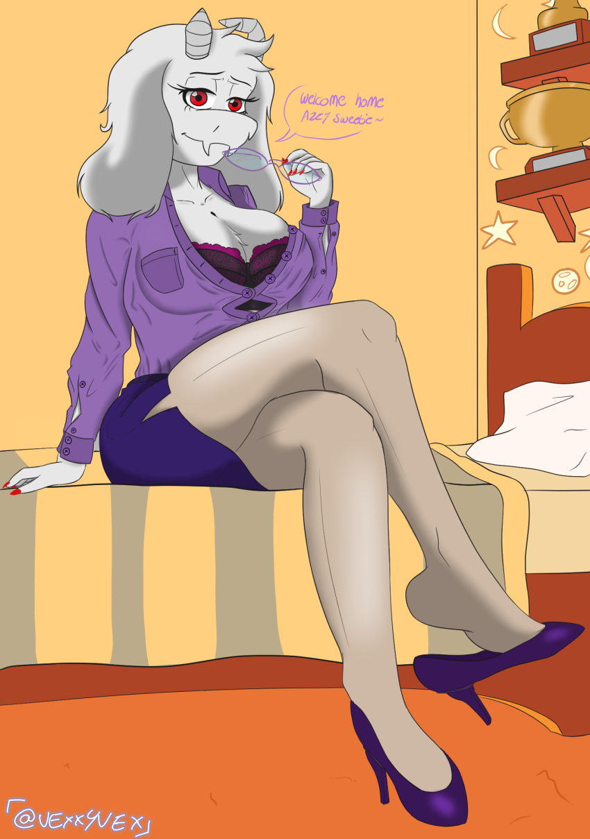 anthro big_breasts boss_monster bottomwear bovid bra breasts caprine cleavage clothed clothing colored_nails crossed_legs deltarune dress_shirt exposed_bra eyewear female fur glasses goat hi_res high_heels horn implied_incest legwear long_ears looking_at_viewer mammal mature_female nails open_clothing open_shirt open_topwear parent red_eyes red_nails shirt skirt smile solo teacher tights topwear toriel undertale undertale_(series) underwear vexxyvex video_games white_body white_fur