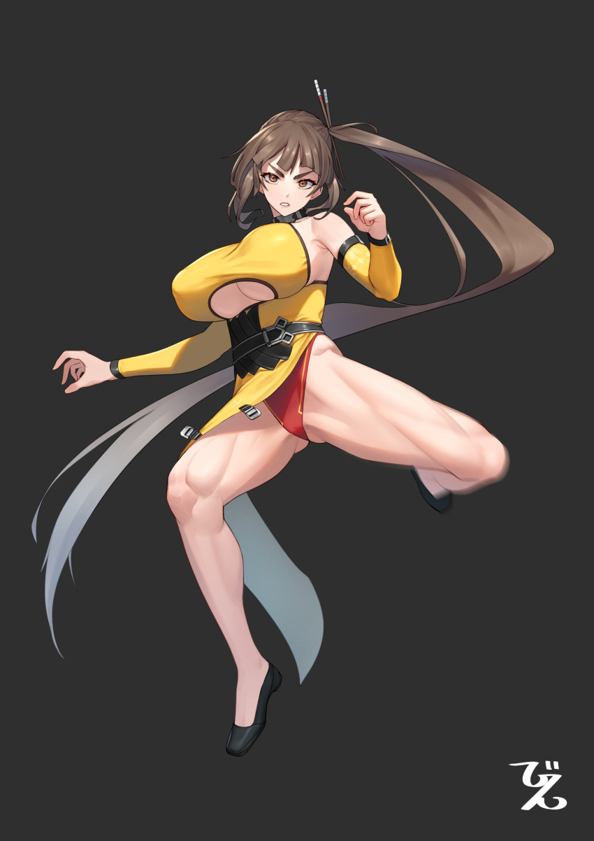 1girl bangs bare_shoulders beeeeen black_footwear breasts brown_eyes brown_hair chopsticks dress hair_ornament highres huge_breasts last_origin long_hair looking_at_viewer muscular muscular_female panties pantyshot ponytail side_ponytail simple_background solo thighs tiequan_(last_origin) underboob underwear very_long_hair yellow_dress