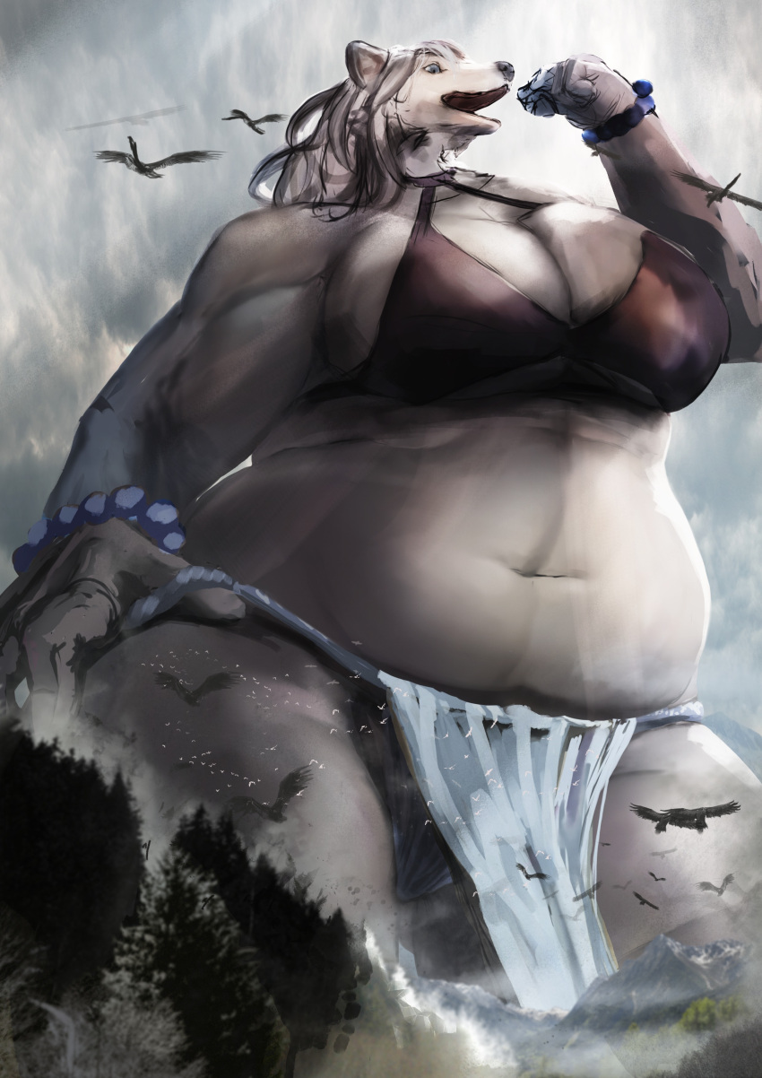 absurd_res ambient_bird ambiguous_gender anthro anthro_focus avian belly biceps big_breasts biped bird black_nose bottomwear bra bracelet breasts cleavage clothed clothing cloud crowd curvy_figure day detailed_background digital_media_(artwork) female female_focus feral fingers forest front_view fur grey_eyes grey_hair group hair hi_res huge_breasts humanoid_hands jewelry kemono larger_anthro larger_female loincloth macro mammal midriff monotone_body monotone_fur monotone_hair mountain musclegut muscular muscular_anthro muscular_female navel open_mouth osaki_eru outside overweight overweight_anthro overweight_female plant polar_bear portrait size_difference sky smaller_ambiguous smaller_feral snout solo solo_focus standing thick_thighs three-quarter_portrait three-quarter_view tree underwear underwear_only ursid ursine voluptuous white_body white_ears white_fur white_inner_ear wide_hips