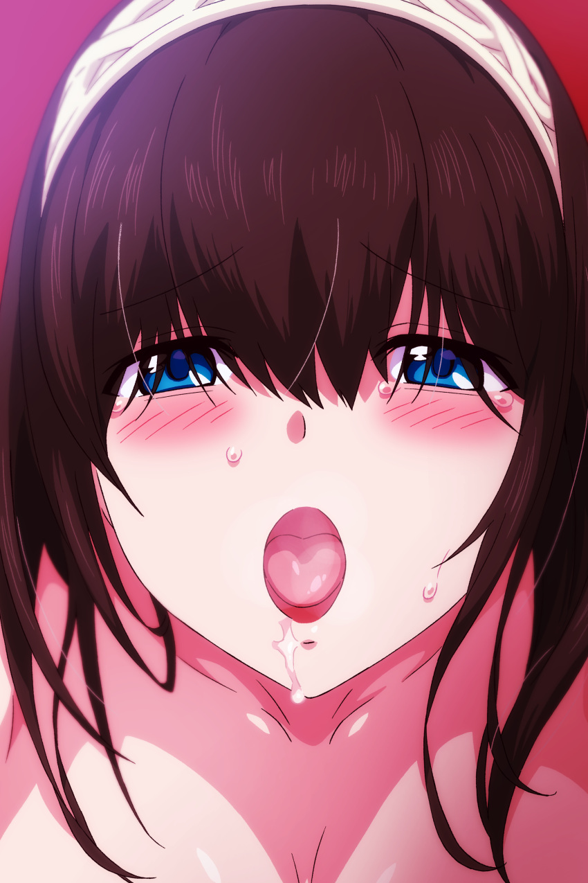 1girl absurdres bangs blue_eyes blush breath brown_hair commission cum eyebrows_visible_through_hair facial hairband heavy_breathing highres idolmaster idolmaster_cinderella_girls long_hair looking_at_viewer open_mouth pink_background pole_(ppp1409) sagisawa_fumika skeb_commission solo sweat tongue tongue_out