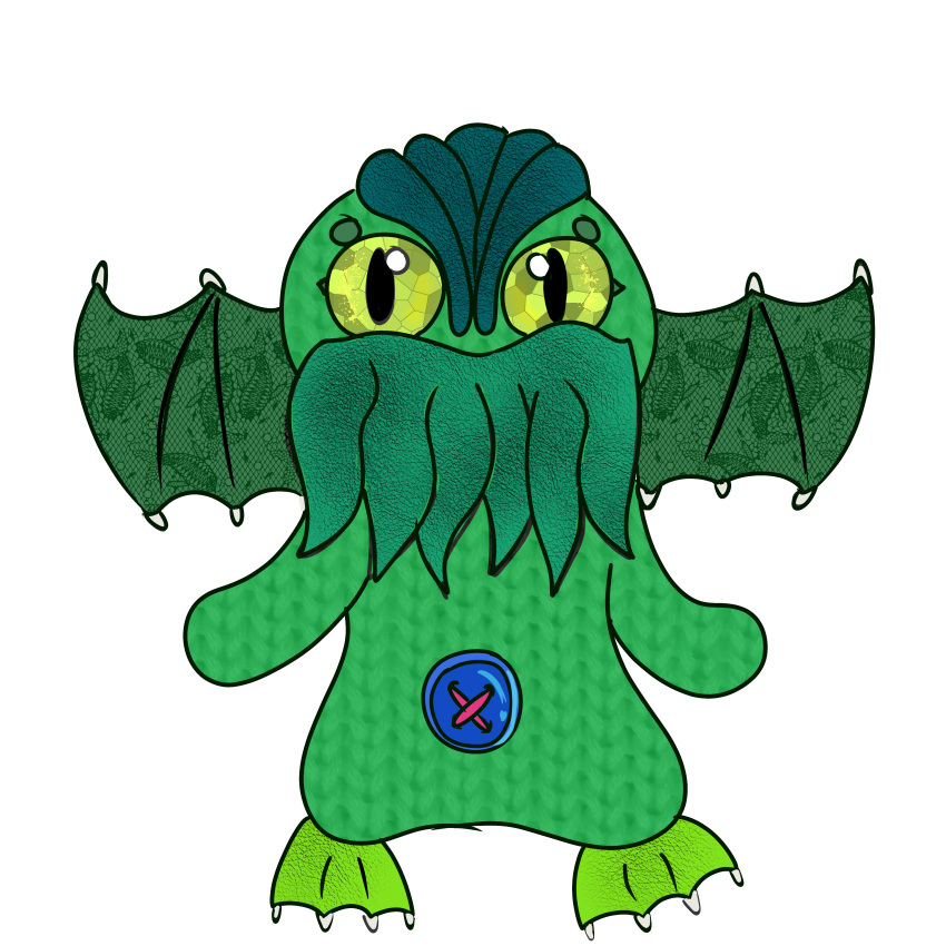 absurd_res ambiguous_gender anthro button_(disambiguation) cephalopod cthulhu cthulhu_mythos deity green_body green_eyes h.p._lovecraft hi_res humanoid male marine mollusk plushie solo tentacles textured wings