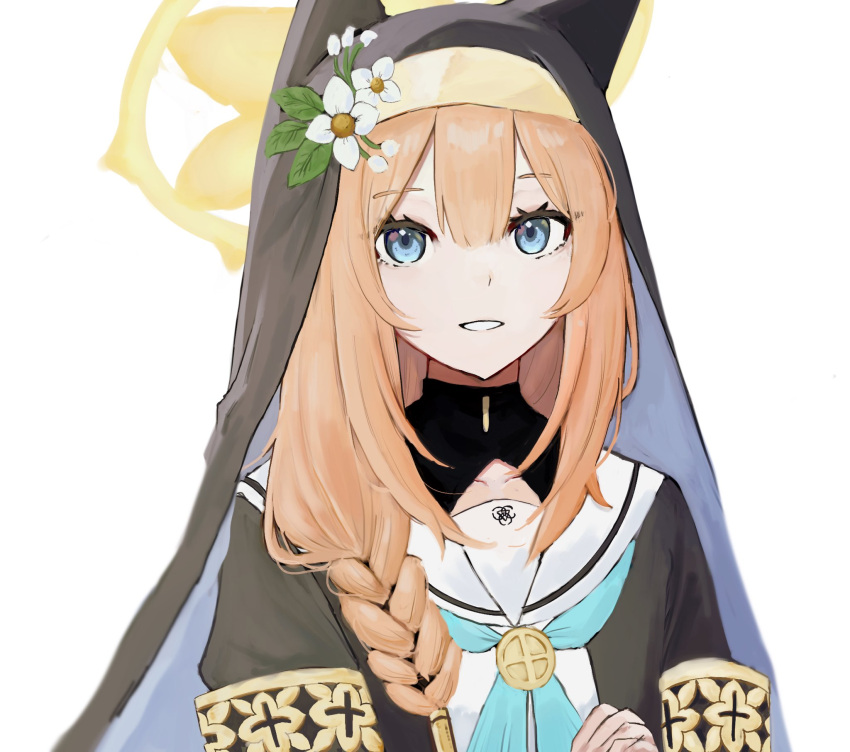 1girl animal_ear_headwear bangs blue_archive blue_eyes blue_neckerchief braid flower habit halo hat hat_flower hat_ornament highres hinagishi_haru looking_at_viewer mari_(blue_archive) neckerchief nun open_mouth orange_hair own_hands_clasped own_hands_together sailor_collar sidelocks simple_background single_braid smile solo upper_body white_background