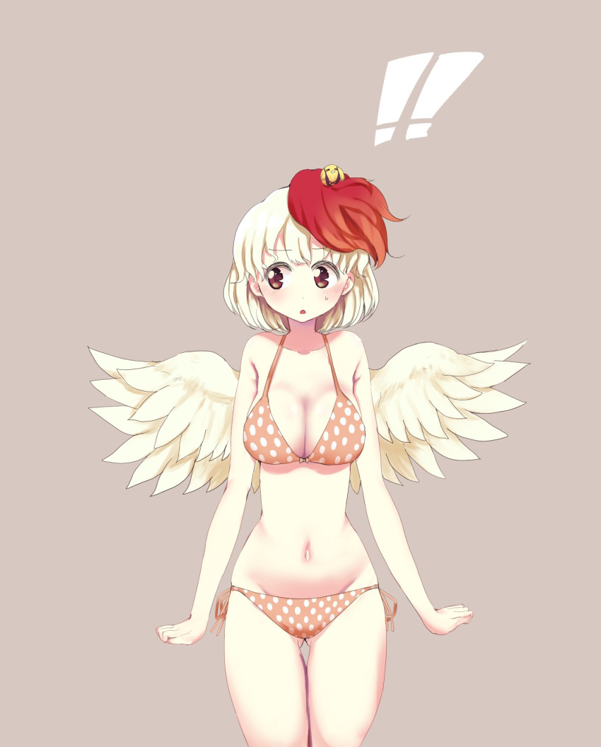 ! !! 1girl animal_on_head arms_at_sides bangs bird bird_on_head bird_wings blonde_hair blush breasts chick cleavage collarbone commentary_request eyebrows_visible_through_hair eyelashes feathered_wings feet_out_of_frame gomeifuku grey_background highres looking_to_the_side medium_breasts navel niwatari_kutaka on_head open_mouth orange_swimsuit print_swimsuit red_eyes red_hair simple_background solo standing stomach sweatdrop swimsuit thighs touhou wings yellow_wings