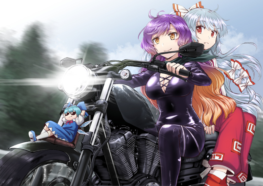 3girls arms_behind_back biker_clothes bikesuit blonde_hair blurry blurry_background bodysuit bow breasts catsuit cirno cleavage closed_mouth driving fujiwara_no_mokou gradient_hair ground_vehicle hair_bow hijiri_byakuren ishii_hisao large_breasts long_hair long_sleeves motion_blur motor_vehicle motorcycle multicolored_hair multiple_girls orange_eyes pants purple_bodysuit purple_hair red_eyes red_pants sidesaddle smile smug sunglasses touhou turbo_byakuren white_bow