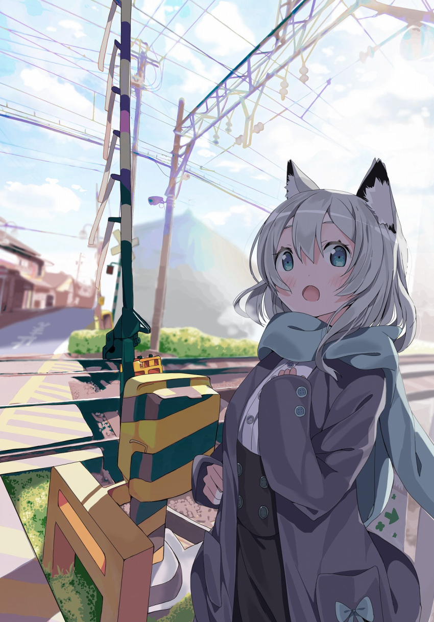 1girl :o animal_ear_fluff animal_ears bangs black_skirt blue_eyes blue_scarf blue_sky blush cloud cloudy_sky commentary_request day enpera eyebrows_behind_hair fox_ears grey_hair grey_jacket hair_between_eyes hand_up high-waist_skirt highres house jacket long_sleeves open_clothes open_jacket open_mouth original outdoors power_lines railroad_crossing railroad_tracks scarf shirt skirt sky sleeves_past_wrists solo tantan_men_(dragon) white_shirt