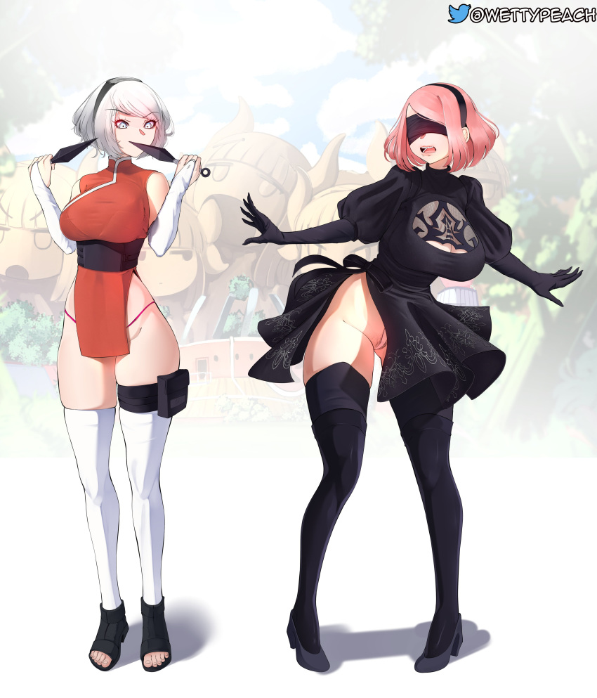 2girls absurdres black_blindfold black_dress black_gloves black_legwear blindfold breasts cleavage cleavage_cutout clothing_cutout cosplay crossover curvy dress elbow_gloves full_body gloves haruno_sakura haruno_sakura_(cosplay) highres holding holding_weapon kanna_kamui kobayashi-san_chi_no_maidragon large_breasts leotard leotard_under_clothes mature_female multiple_girls naruto_(series) nier_(series) nier_automata open_mouth panties pink_hair pink_panties puri_(wettypeach) short_hair short_sleeves thick_thighs thighhighs thighs thong underwear upskirt weapon white_hair white_legwear white_leotard yorha_no._2_type_b yorha_no._2_type_b_(cosplay)