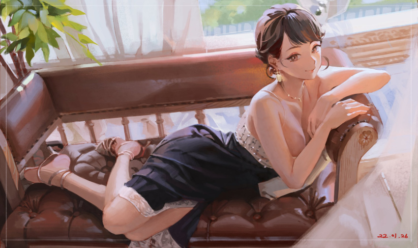 1girl bangs black_hair blush breasts brown_eyes cleavage couch curtains dated day dress earrings highres hong jewelry leaf looking_at_viewer lying medium_breasts necklace on_side original short_hair smile tree