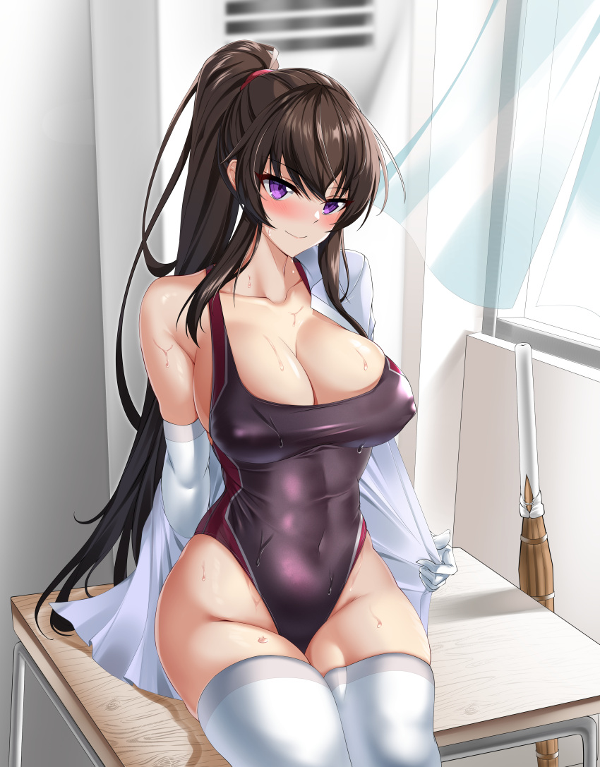 1girl absurdres arm_at_side bangs bare_shoulders black_swimsuit blush breasts brown_hair classroom closed_mouth collarbone collared_shirt commentary_request competition_swimsuit counter:side covered_navel covered_nipples desk dress_shirt elbow_gloves elze_(s01047480836) eyebrows_visible_through_hair eyelashes gloves hair_tie head_tilt highleg highleg_swimsuit highres indoors korean_commentary large_breasts legs_together long_hair long_sleeves looking_at_viewer multicolored_clothes multicolored_swimsuit off_shoulder on_desk one-piece_swimsuit open_clothes open_shirt ponytail purple_eyes red_swimsuit school_desk school_swimsuit shinai shirt sitting sitting_on_desk skindentation smile solo sweat swimsuit sword thighhighs thighs two-tone_swimsuit very_long_hair weapon white_gloves white_legwear white_shirt window wing_collar wooden_sword yoo_mina