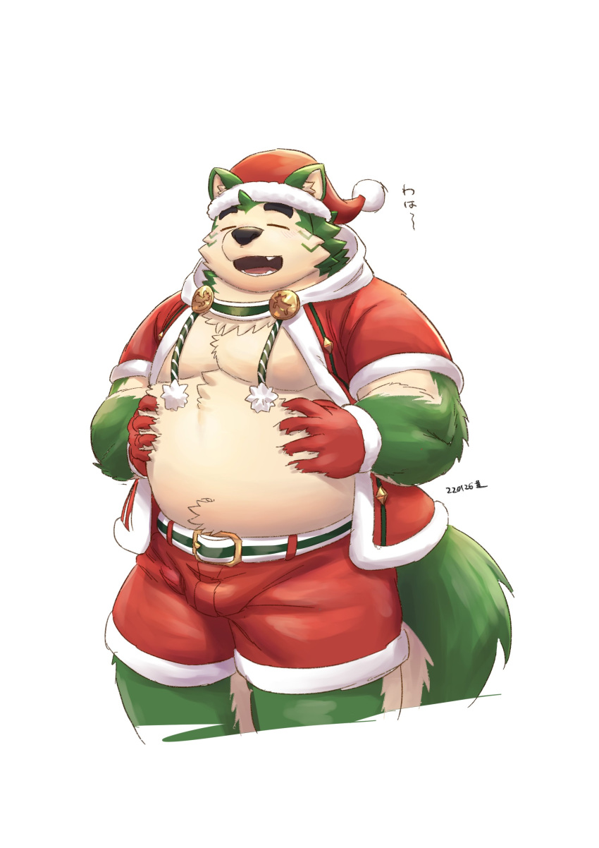 2022 absurd_res anthro belly black_nose bottomwear bulge canid canine canis christmas christmas_clothing christmas_headwear clothing domestic_dog eyes_closed hat headgear headwear hi_res holidays humanoid_hands kemono lifewonders live-a-hero male mammal mokdai moobs overweight overweight_male rotsw santa_hat shorts simple_background solo video_games white_background