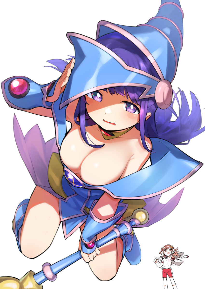 2girls :d absurdres aijou_karen arm_up armpit_crease bangs bare_shoulders blue_dress blue_footwear blue_headwear blunt_bangs blunt_ends boots breasts bright_pupils brown_eyes brown_hair cleavage collarbone commentary_request cosplay crown_hair_ornament dark_magician_girl dark_magician_girl_(cosplay) dress eyebrows_visible_through_hair floating_hair full_body goe_(g-o-e) gym_uniform hair_ornament hand_on_headwear hands_up hat highres holding holding_wand jacket jacket_on_shoulders large_breasts light_blush long_hair looking_at_viewer multiple_girls off-shoulder_dress off_shoulder open_mouth outstretched_arm parted_lips purple_eyes purple_hair red_shorts shade shirt short_hair short_sleeves shorts shoujo_kageki_revue_starlight sidelocks simple_background smile standing tsuyuzaki_mahiru two_side_up v-shaped_eyebrows vambraces wand wavy_mouth white_background white_jacket white_shirt wizard_hat yu-gi-oh!