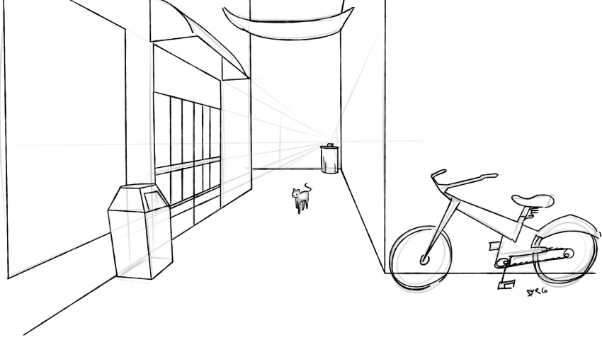 alley awning bicycle domestic_cat felid feline felis hi_res mammal perspective store_front trash_bin trash_can