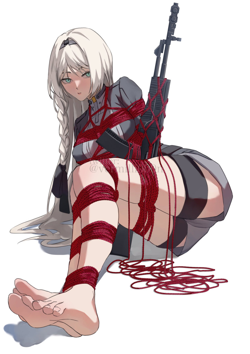 1girl an-94 an-94_(girls'_frontline) aqua_eyes assault_rifle bangs barefoot bdsm black_bow black_hairband blush bondage bound bow braid braided_ponytail feet foot_focus full_body girls'_frontline gun hair_ornament hairband highres long_hair long_sleeves looking_at_viewer lying open_mouth red_rope rifle rope shibari shibari_over_clothes simple_background solo thigh_strap thighs toes twitter_username vermilli000n watermark weapon white_background white_hair