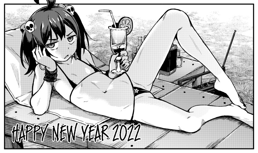 1girl ahoge barefoot beach_towel bikini champagne_flute cup drinking_glass drinking_straw flat_chest food fruit geewhy greyscale hair_ornament happy_new_year highres holding holding_eyewear looking_at_viewer lying medium_hair micro_bikini mole mole_under_mouth monochrome nail_polish new_year on_back orange_(fruit) orange_slice original parted_lips reclining skull_hair_ornament solo spread_legs swimsuit towel twintails
