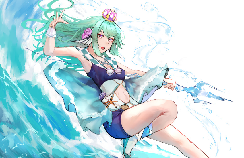 1girl armpits bangs bike_shorts blue_skirt clothing_cutout crown eyebrows_visible_through_hair finana_ryugu green_hair hair_between_eyes head_fins highres long_hair looking_at_viewer naokomama navel nijisanji polearm purple_eyes sailor_collar seashell shell showgirl_skirt skirt solo starfish trident virtual_youtuber waves weapon wrist_cuffs