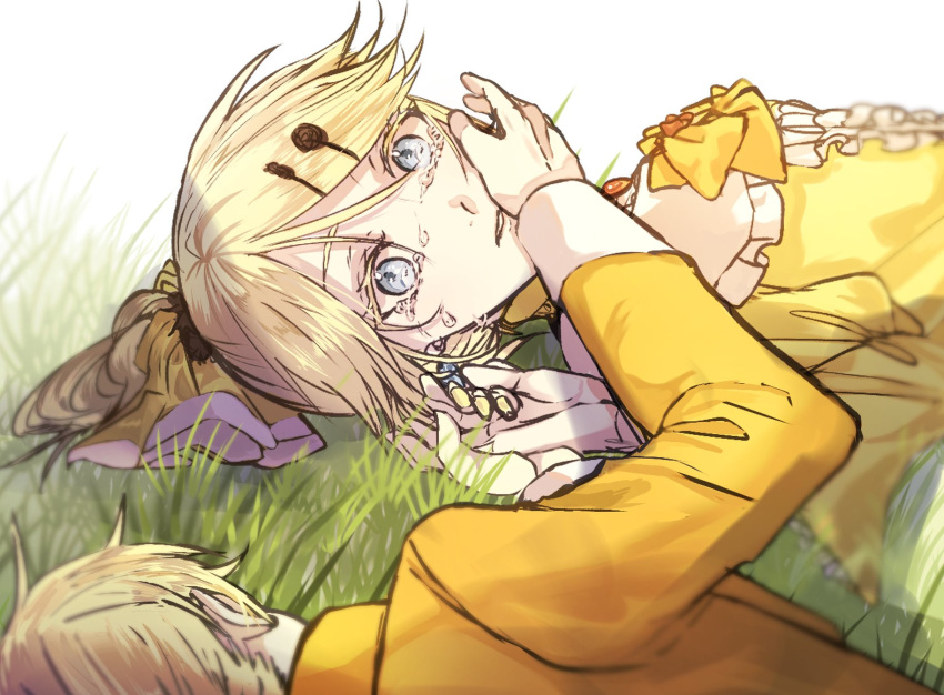 1boy 1girl allen_avadonia blonde_hair blue_eyes bow brother_and_sister choker colored_eyelashes comforting consoling crying crying_with_eyes_open dress dress_bow earrings evillious_nendaiki frilled_dress frills grass hair_bow hair_ornament hairclip hand_on_another's_cheek hand_on_another's_face highres holding_hands jacket jewelry kagamine_len kagamine_rin lying on_back on_side orange_jacket riliane_lucifen_d'autriche siblings solo_focus streaming_tears tearing_up tears twins updo vocaloid warabi_(danngo-mitarasi) wide-eyed yellow_bow yellow_dress yellow_nails