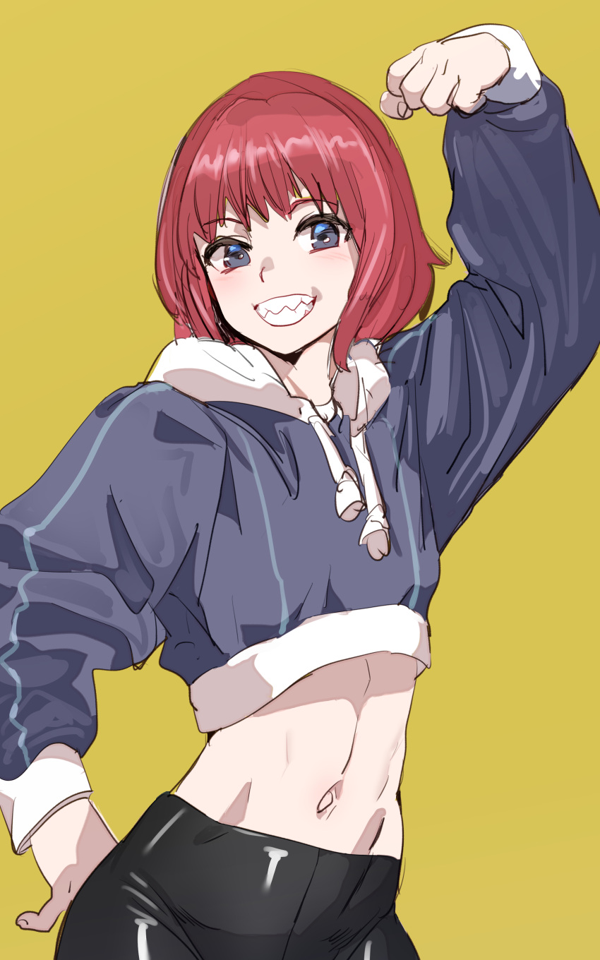 1girl :d absurdres arm_above_head black_pants blue_eyes blue_hoodie blush bow_(bhp) cropped_hoodie grin hand_up highres hood hood_down hoodie long_sleeves looking_at_viewer medium_hair midriff navel original pants red_hair sharp_teeth simple_background smile solo teeth yellow_background