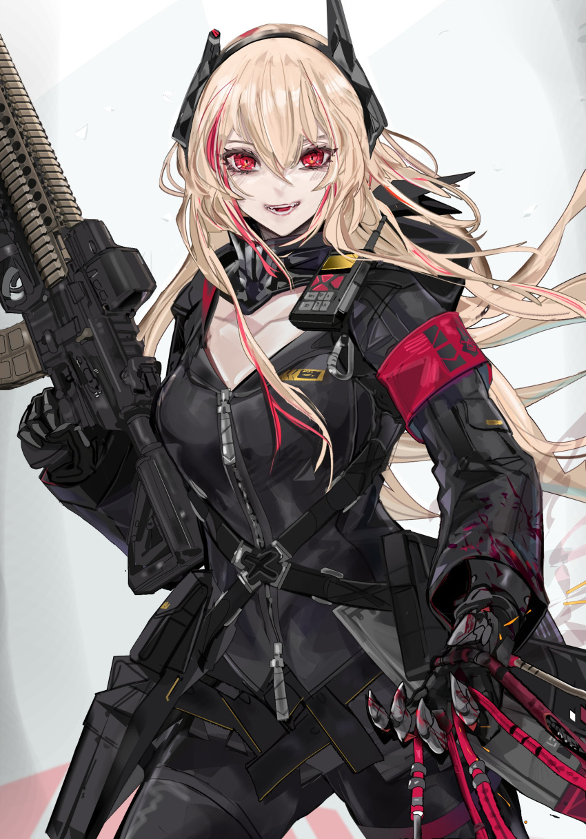 1girl absurdres armband assault_rifle bandana black_gloves black_jacket black_legwear black_scarf blonde_hair blood blood_on_clothes blood_on_hands cable eotech eyebrows girls'_frontline gloves gun hair_ornament headgear headphones highres holding holding_gun holding_weapon holster hood hooded_jacket jacket long_hair looking_at_viewer m4_carbine m4_sopmod_ii m4_sopmod_ii_(girls'_frontline) multicolored_hair nslacka open_mouth red_eyes red_hair rifle scarf simple_background solo standing streaked_hair thighhighs track_jacket two-tone_hair walkie-talkie weapon