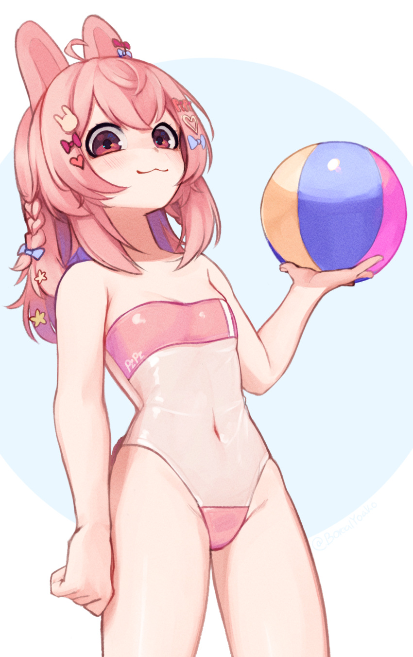 1girl :3 ahoge animal_ears ball bangs bare_arms bare_shoulders beachball braid breasts brown_eyes english_commentary gris_swimsuit hair_between_eyes hair_ornament hairclip highres long_hair looking_at_viewer meme_attire navel one-piece_swimsuit phase_connect pink_hair pipkin_pippa see-through_swimsuit small_breasts smile solo swimsuit virtual_youtuber yoako