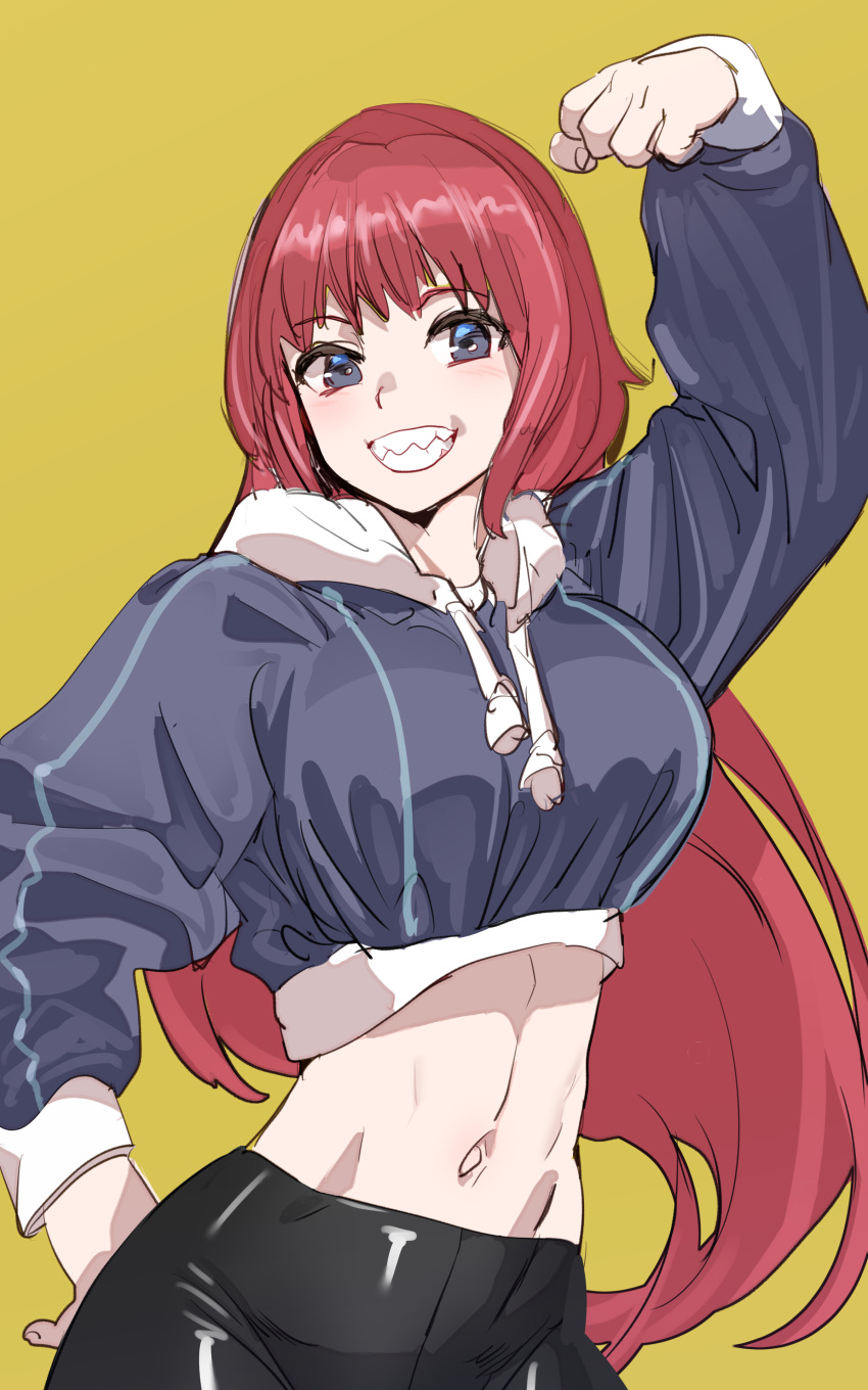 1girl :d absurdres arm_above_head black_pants blue_eyes blue_hoodie blush bow_(bhp) cropped_hoodie grin hand_up highres hood hood_down hoodie long_hair long_sleeves looking_at_viewer midriff navel original pants red_hair sharp_teeth simple_background smile solo teeth yellow_background