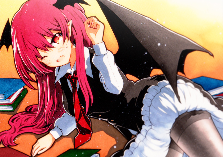 1girl bat_wings book demon_girl demon_wings fang head_wings highres koakuma long_hair low_wings lying necktie on_side pantyhose qqqrinkappp red_eyes red_hair red_necktie skin_fang solo tagme touhou traditional_media wings