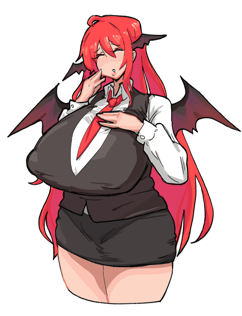 1girl ^_^ ahoge bat_wings black_skirt black_vest blush breasts closed_eyes covered_nipples cowboy_shot cropped_legs hand_on_own_chest hands_up head_wings highres huge_breasts koakuma long_hair long_sleeves necktie nose_blush parted_lips red_hair red_necktie sex_se simple_background skirt smile solo thighs touhou very_long_hair vest white_background wing_collar wings