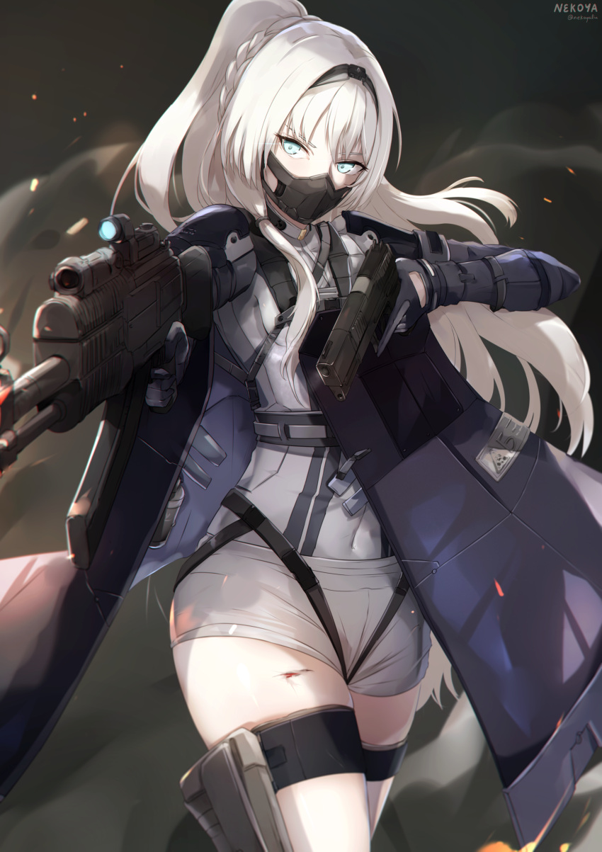 1girl an-94 an-94_(girls'_frontline) artist_name assault_rifle bangs black_gloves blue_eyes blue_jacket braid commentary_request cuts eyebrows_visible_through_hair girls'_frontline gloves gun handgun highres holding holding_gun holding_weapon injury jacket long_hair looking_at_viewer mask mouth_mask nekoya_(liu) object_namesake open_clothes open_jacket pistol ponytail rifle shirt short_shorts shorts signature solo standing trigger_discipline twitter_username very_long_hair weapon white_hair white_shirt white_shorts