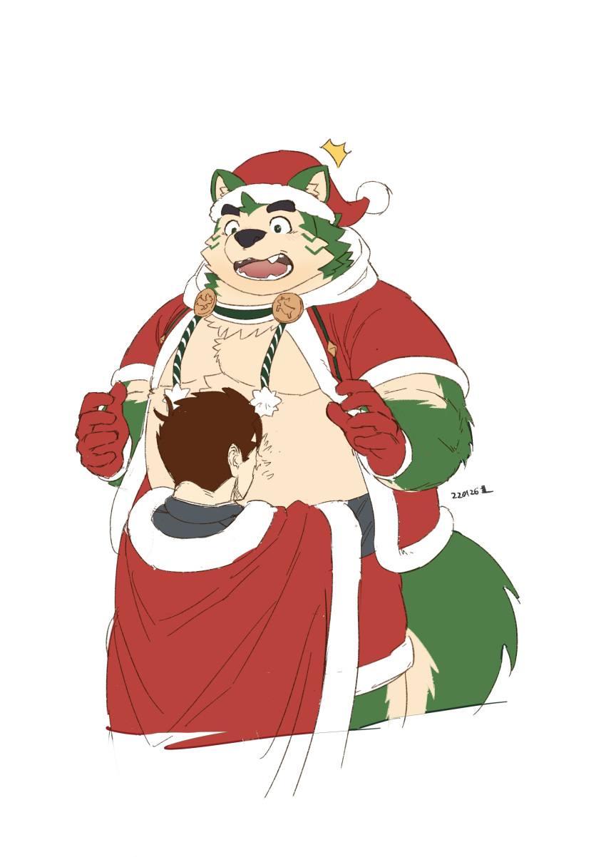 2022 absurd_res anthro belly black_nose canid canine canis christmas christmas_clothing christmas_headwear clothing domestic_dog duo embrace hat headgear headwear hi_res holidays hug human humanoid_hands kemono lifewonders live-a-hero male mammal mokdai moobs overweight overweight_male rotsw santa_hat simple_background surprise video_games white_background