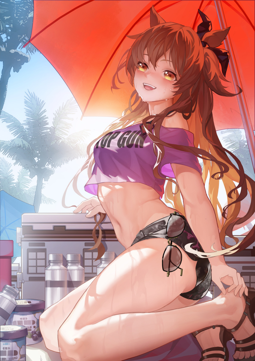 1girl :d absurdres animal_ears bare_legs bare_shoulders black_shorts bra_strap breasts brown_hair crop_top crop_top_overhang eyewear_hang eyewear_removed from_side hair_ribbon highres horse_ears horse_girl jinjide_shaonian long_hair looking_at_viewer mayano_top_gun_(umamusume) medium_breasts micro_shorts midriff navel off_shoulder one_side_up orange_eyes purple_shirt ribbon sandals shirt short_shorts short_sleeves shorts smile solo stomach sunglasses thighs tinted_eyewear umamusume umbrella wet