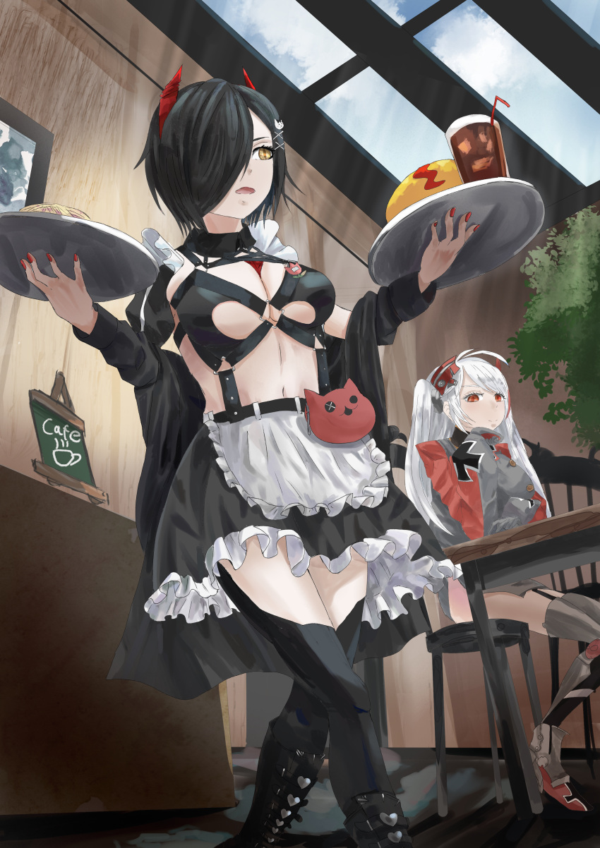 2girls absurdres apron azur_lane black_footwear black_hair black_legwear black_skirt boots breast_strap breasts cat_hair_ornament grey_legwear hachiware_(kagisippo2) hair_ornament hand_on_own_cheek hand_on_own_face headgear highres holding holding_tray horns indoors maid_cafe mechanical_horns medium_breasts miniskirt multicolored_hair multiple_girls nail_polish o-ring o-ring_top official_alternate_costume open_mouth prinz_eugen_(azur_lane) red_eyes red_hair red_horns red_nails seiza short_hair sitting skirt streaked_hair thighhighs tray two-tone_hair ulrich_von_hutten_(azur_lane) ulrich_von_hutten_(mayhem_maid)_(azur_lane) waist_apron white_apron white_hair x_hair_ornament yellow_eyes